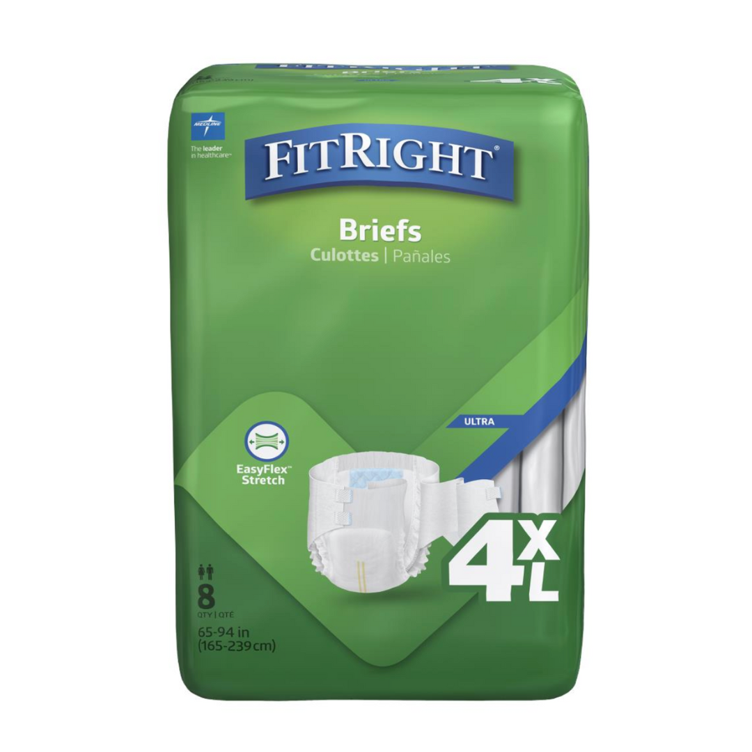 The FitRight 4XL Unisex Cloth-Like Adult Briefs in green packaging feature EasyFlex Stretch for waist sizes 65-94 inches (165-239 cm), offering maximum absorbency. This package includes eight hospital-grade disposable incontinence briefs.